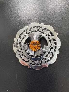 Vintage Mizpah Silver Plated Thistle Brooch with Citrine Crystal Accent